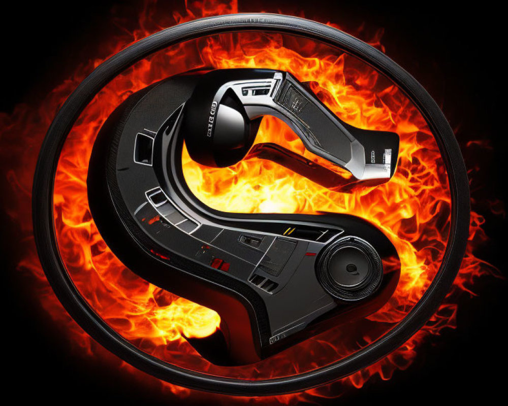 Black and Silver Circular Headphone Surrounded by Animated Flames