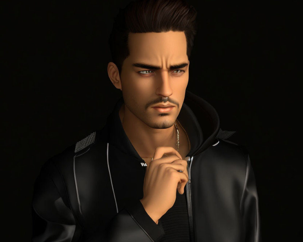 Dark-haired male character in black jacket, beard, thoughtful pose.