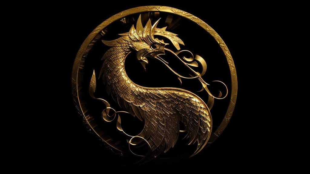 Golden Phoenix Circular Emblem on Black Background Symbolizing Rebirth & Luxury