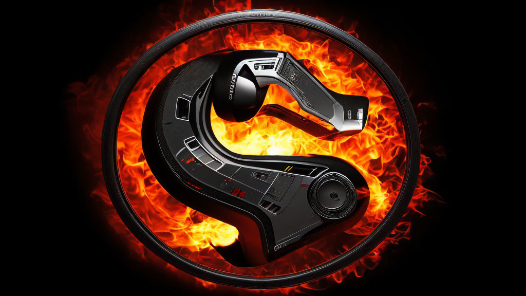 Black and Silver Circular Headphone Surrounded by Animated Flames