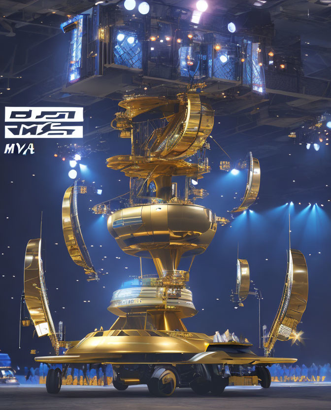 Intricate futuristic golden trophy on stage with DJI MIA MVA text