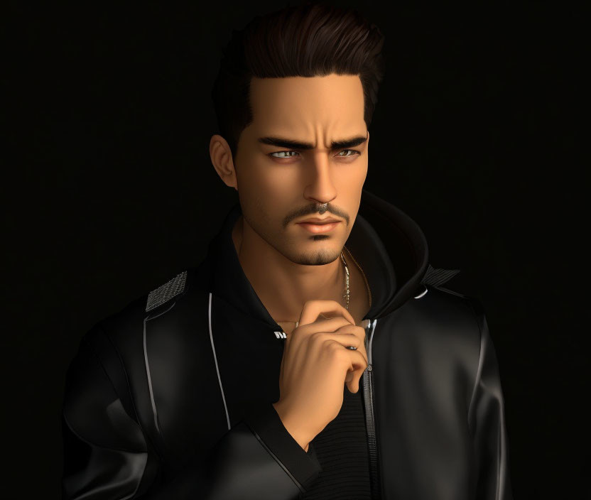 Dark-haired male character in black jacket, beard, thoughtful pose.