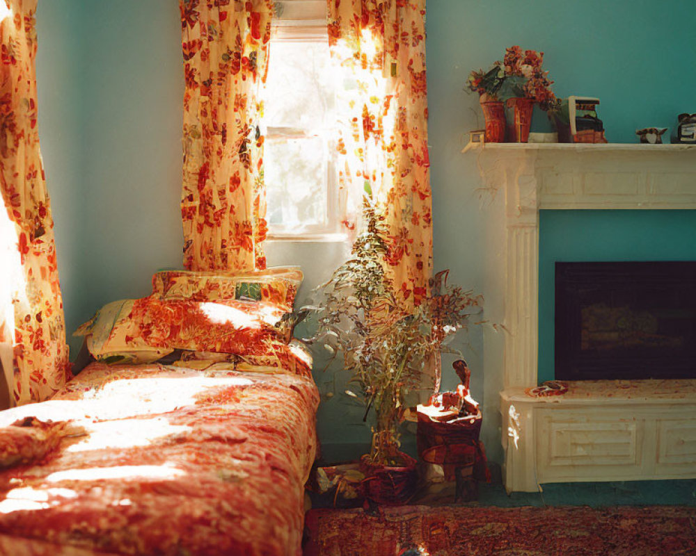 Vintage Bedroom with Floral Curtains, Sunlight, Bed Spread, and Fireplace