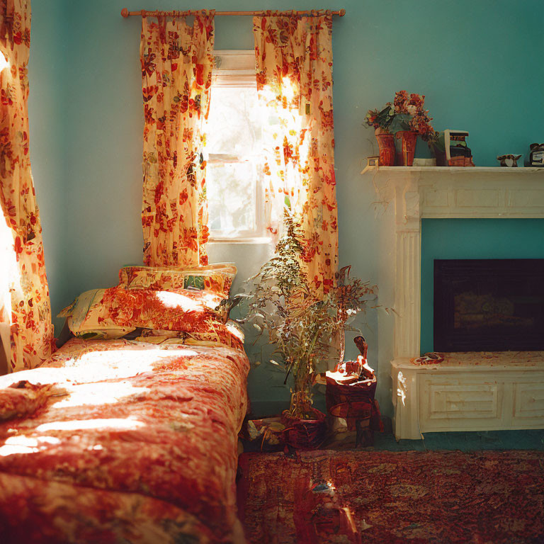 Vintage Bedroom with Floral Curtains, Sunlight, Bed Spread, and Fireplace