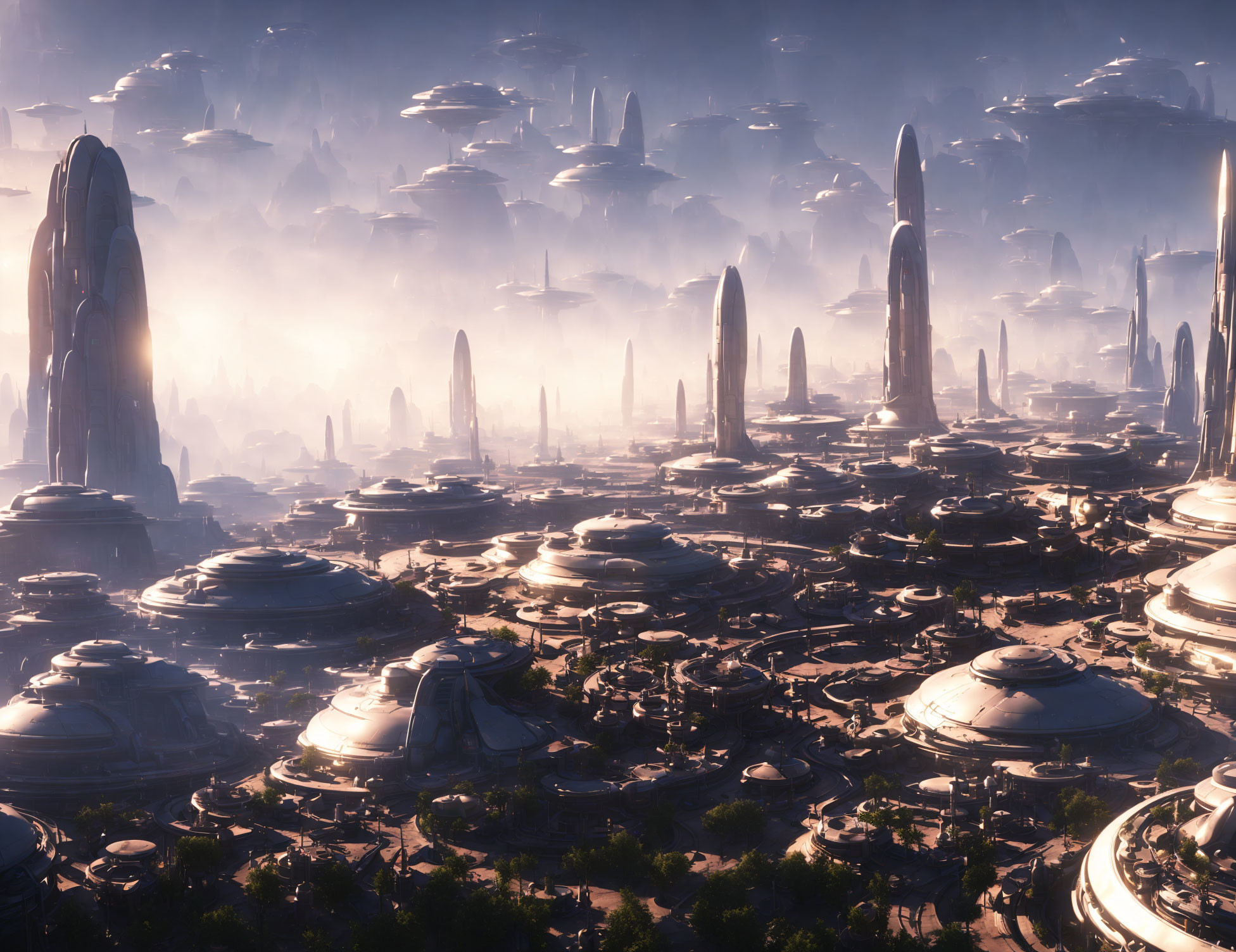 Futuristic cityscape with dome-shaped buildings and skyscrapers in misty setting