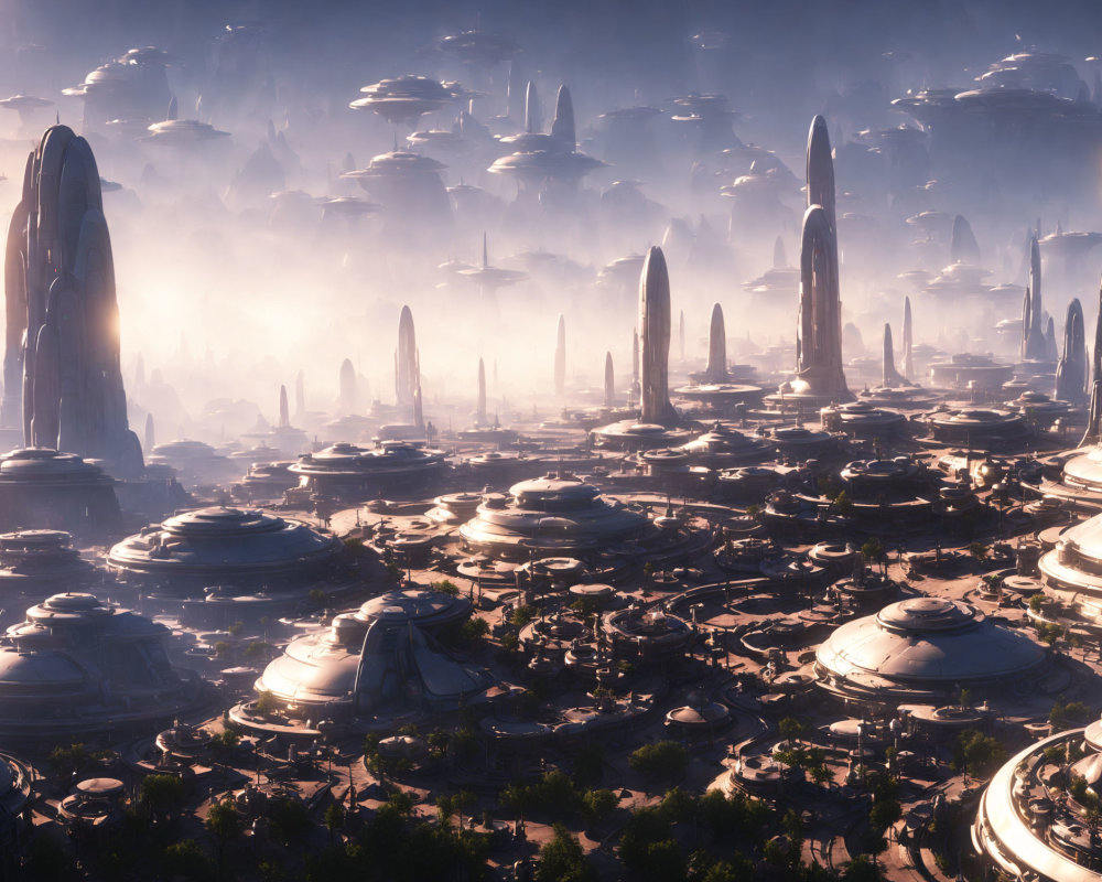 Futuristic cityscape with dome-shaped buildings and skyscrapers in misty setting