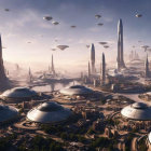 Futuristic cityscape with dome-shaped buildings and skyscrapers in misty setting