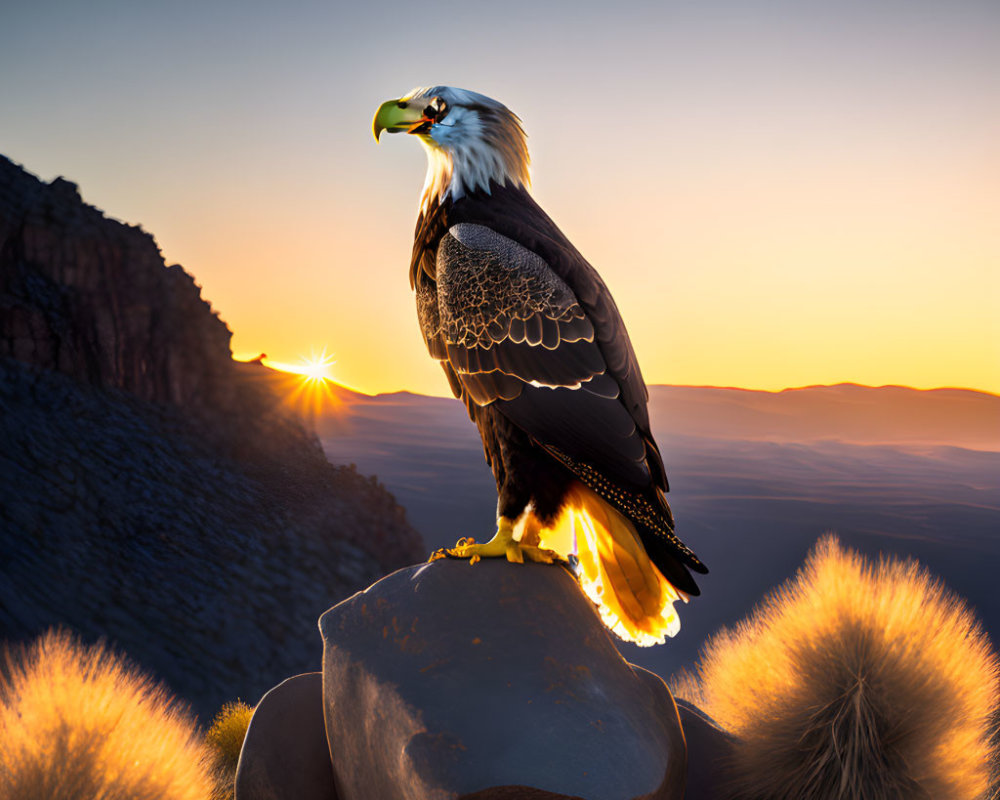 Eagle perched on rock at sunset over mountain landscape