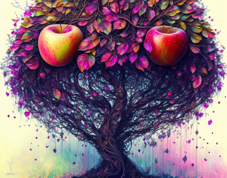 Colorful digital artwork: Whimsical tree with oversized red apples