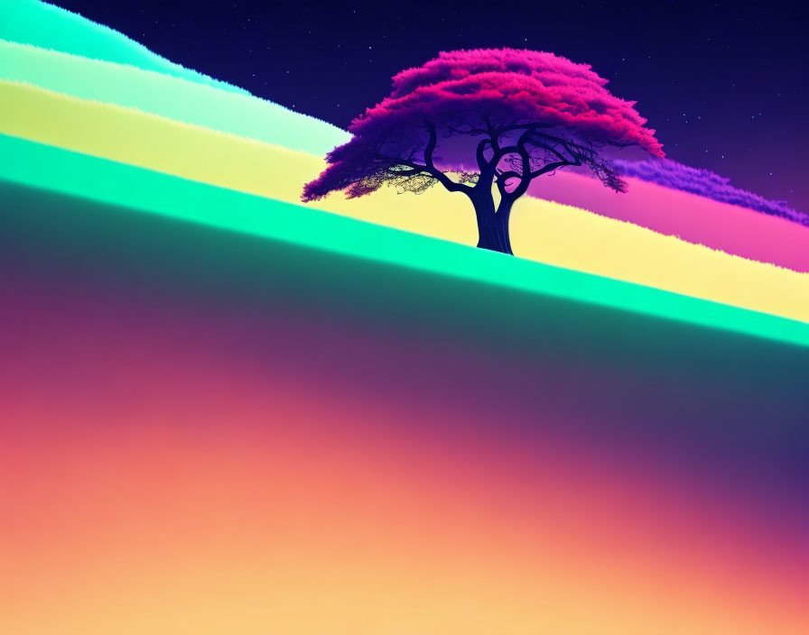 Colorful digital artwork of lone tree with pink foliage in twilight scenery