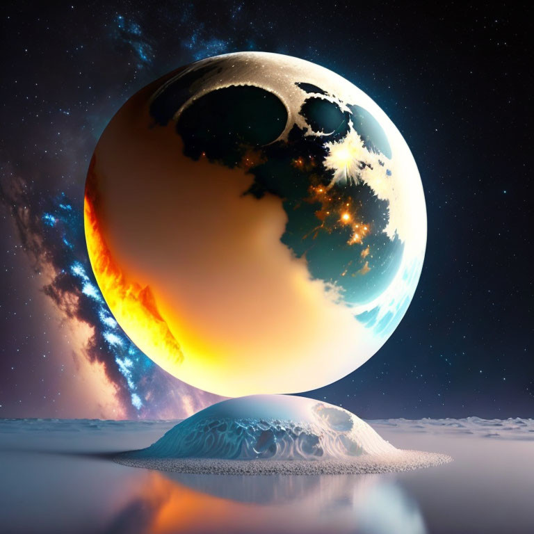 Surreal image of planet with fiery and icy halves mirrored on reflective surface