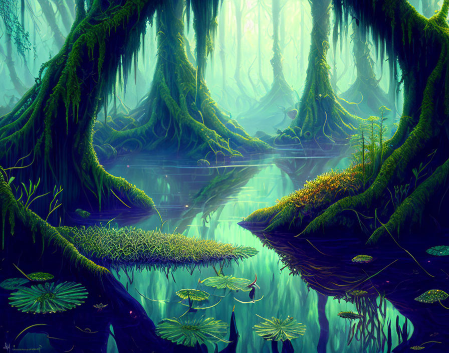 Lush mystical forest with river, lily pads & ethereal light