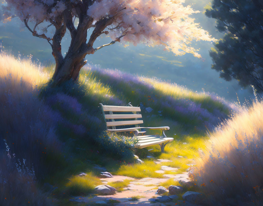 Tranquil white bench under pink blossoms and purple flowers in sunlight