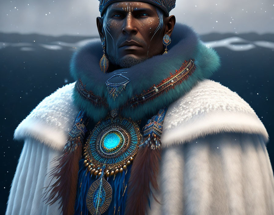 Tribally adorned man in fur cloak against snowy backdrop