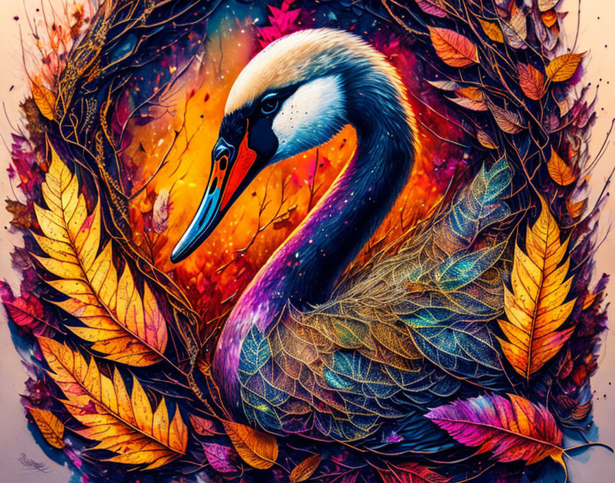 Colorful Swan Artwork with Detailed Autumn Leaves