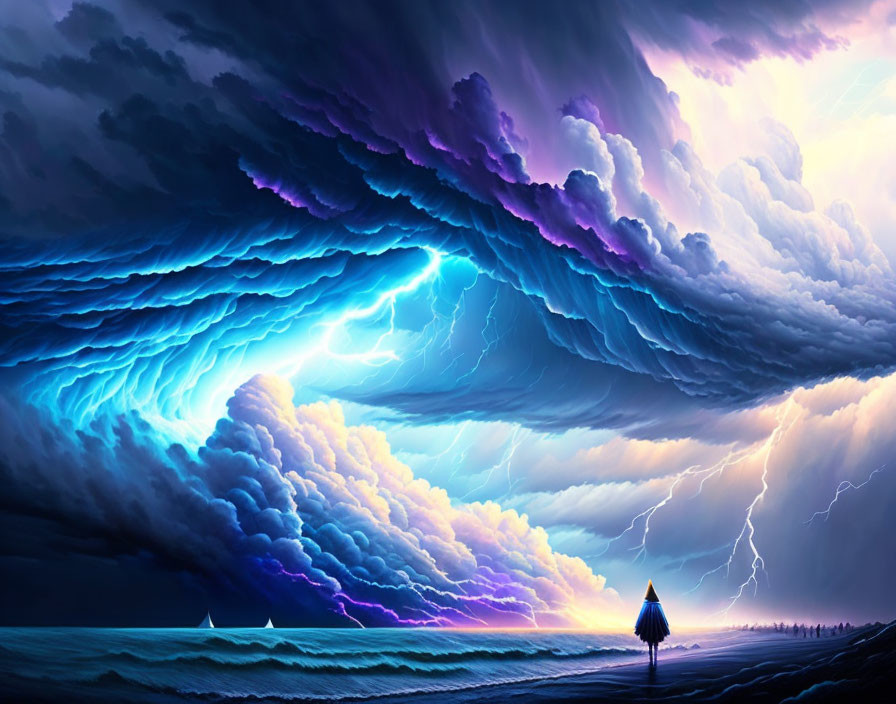 Digital artwork: Person with umbrella under storm clouds and lightning by turbulent sea