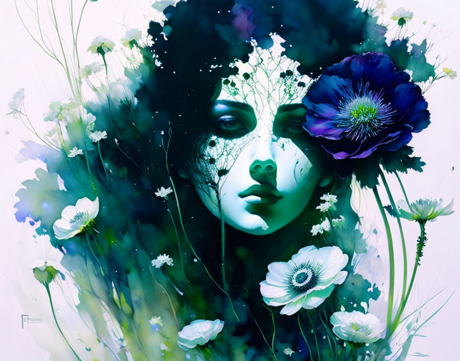 Colorful artwork: Woman's face surrounded by blue and white flowers