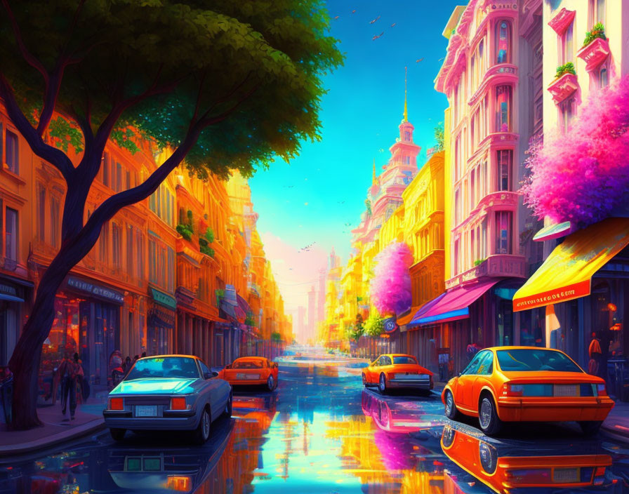 Vibrant street scene with classic cars, trees, and illuminated buildings at sunset