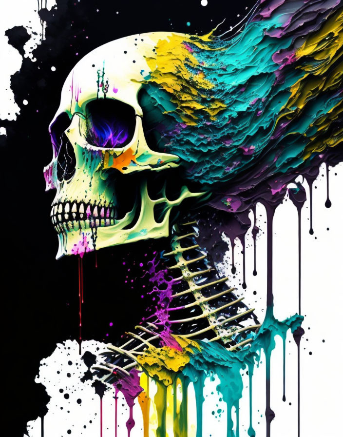 Vivid abstract skull with melting paint streaks on black background