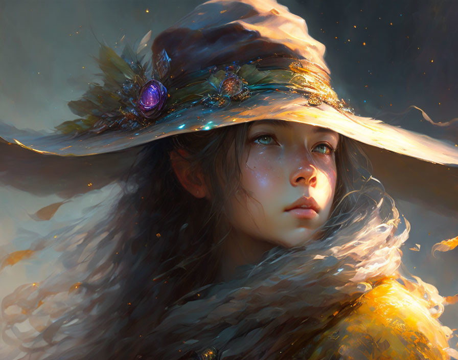 Young woman adorned in decorative hat and scarf with mystical glow.