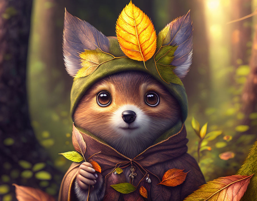 Anthropomorphic fox in cloak and leaf hat with serene forest background