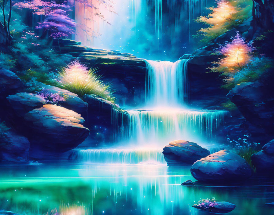 Fantasy waterfall with vibrant blue water and glowing flora