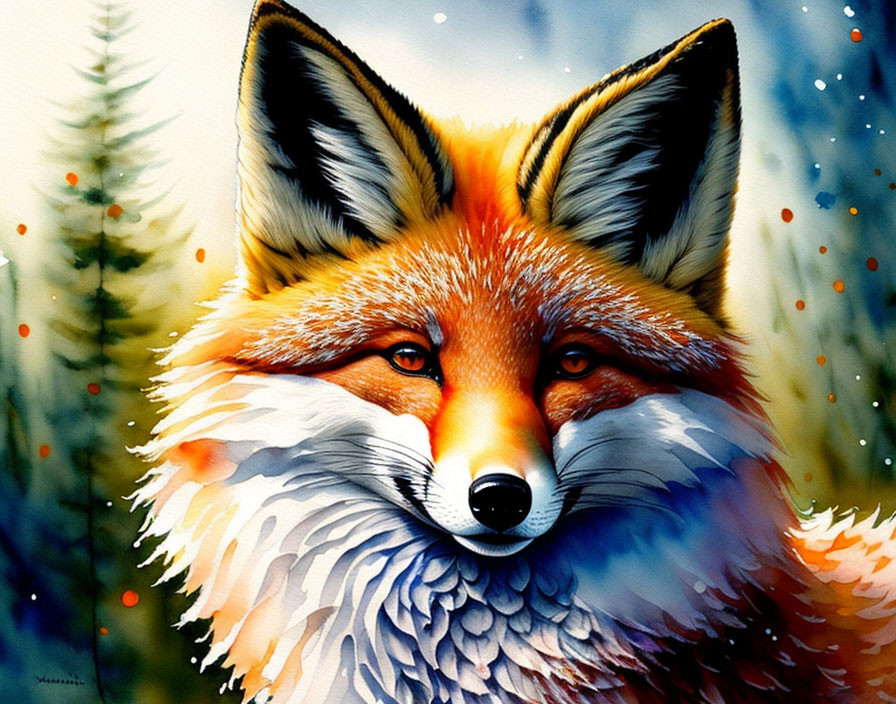 Colorful Painting: Red Fox in Winter Forest with Falling Snowflakes