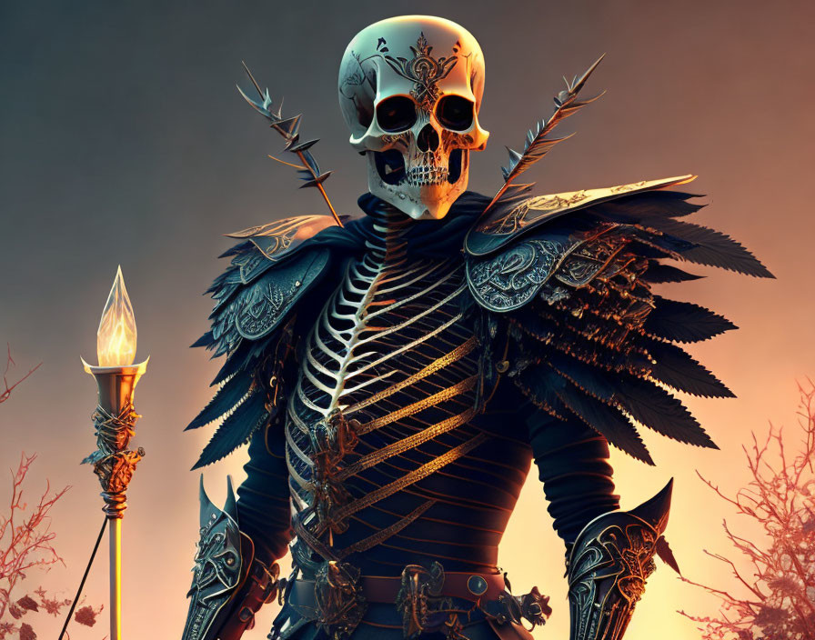 Skeleton in ornate armor with wings holding torch against dusk sky.