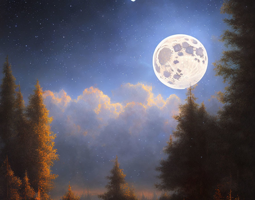 Detailed Moon Over Silhouetted Pine Trees in Starry Night Sky