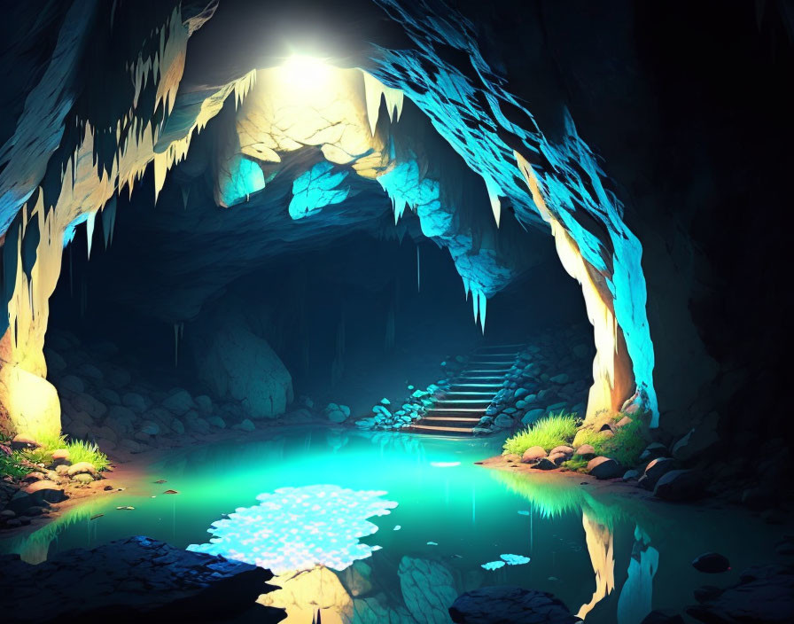 Ethereal cave with blue luminescent water and stone stairway