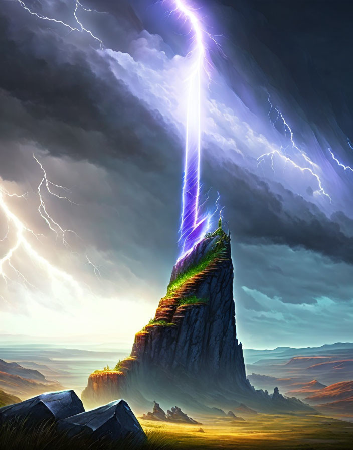 Illustration of towering peak struck by lightning in stormy sky