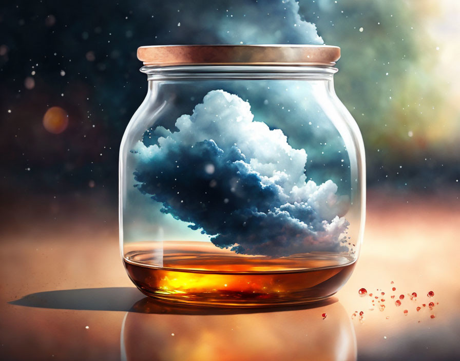 Glass jar with copper lid holding miniature cloud against bokeh background.