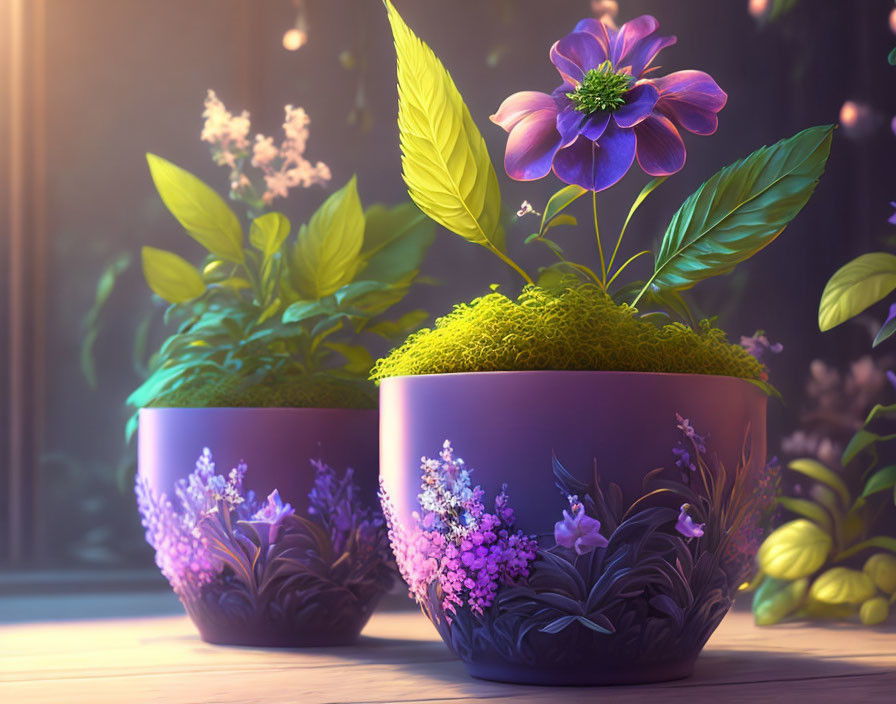 Vibrant potted plants with purple flowers and green foliage in sunlight.