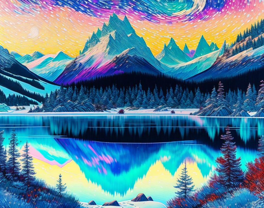 Colorful digital artwork: Mountain landscape with lake and aurora