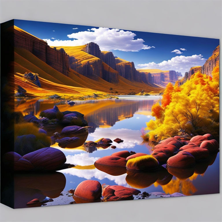 Serene lake landscape with autumn trees and cliffs