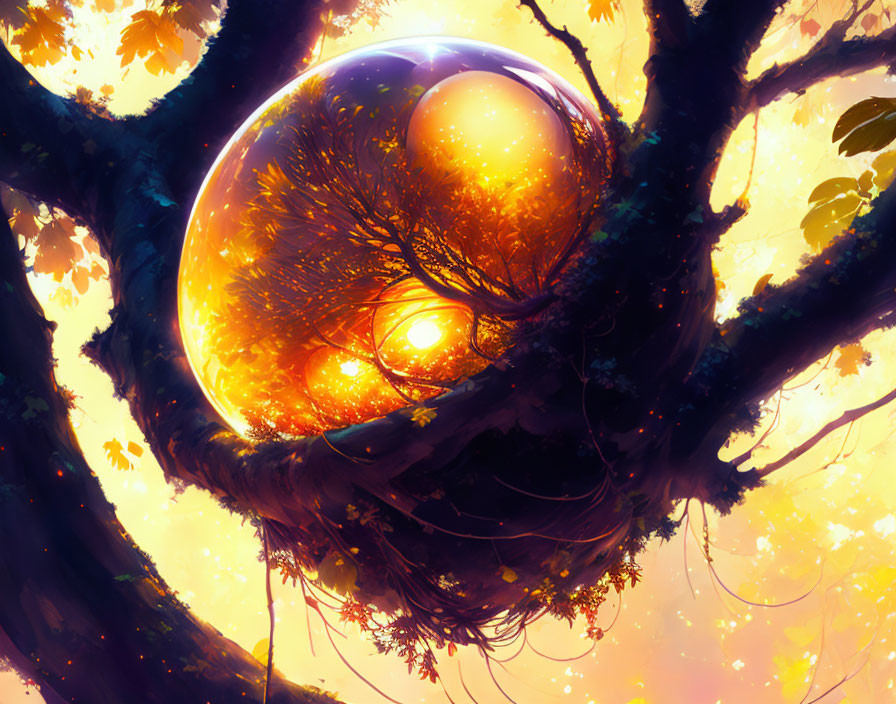 Golden Sphere Illuminated Among Tree Branches in Warm Atmosphere