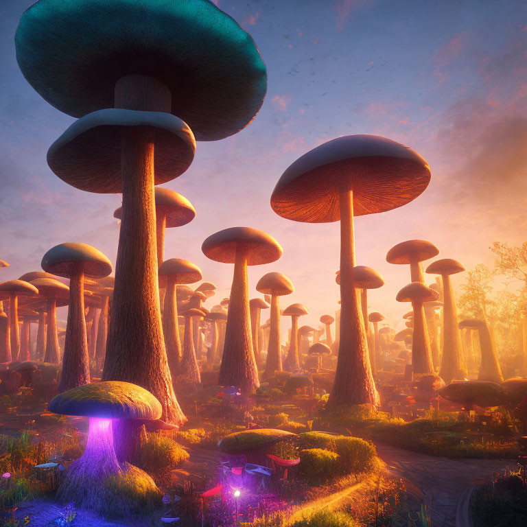 Enormous mushrooms in mystical forest at sunrise