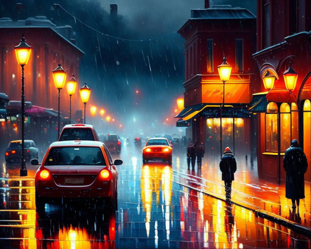 City street scene on a rainy evening with illuminated streetlights, wet pavement, vehicles, and pedestrians with