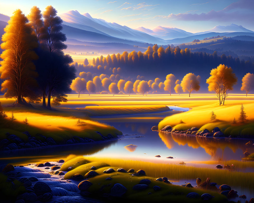 Sunrise Landscape: Golden Light on River, Trees, and Mountains