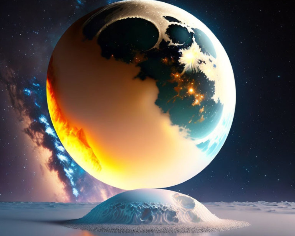 Surreal image of planet with fiery and icy halves mirrored on reflective surface