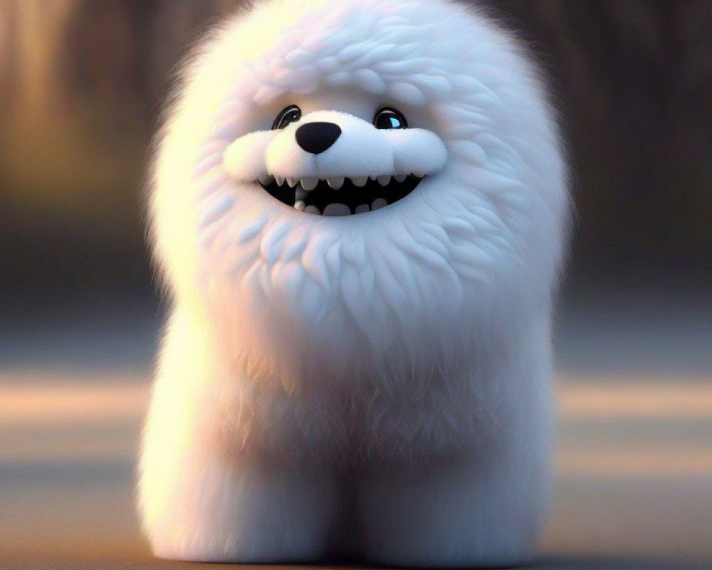 Fluffy white creature with big smile and black eyes on soft background