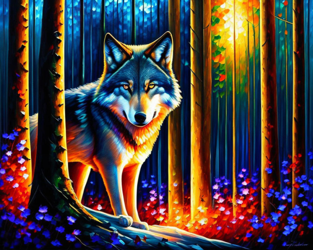 Colorful Wolf in Vibrant Forest with Flowers and Beams of Light