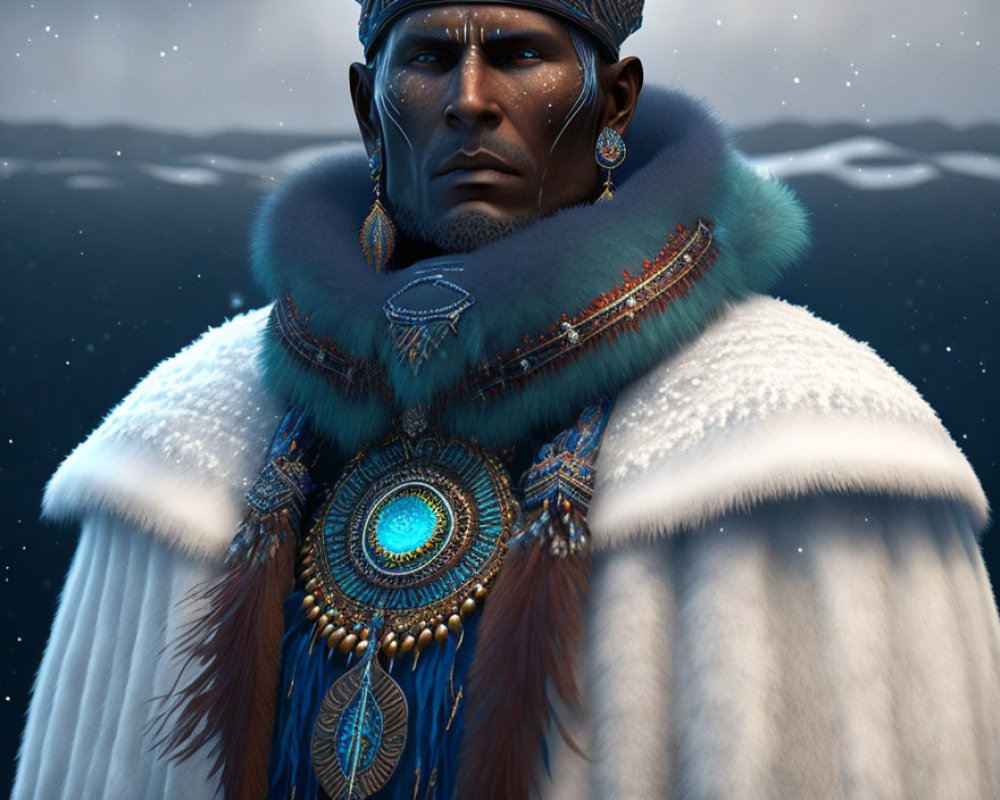 Tribally adorned man in fur cloak against snowy backdrop