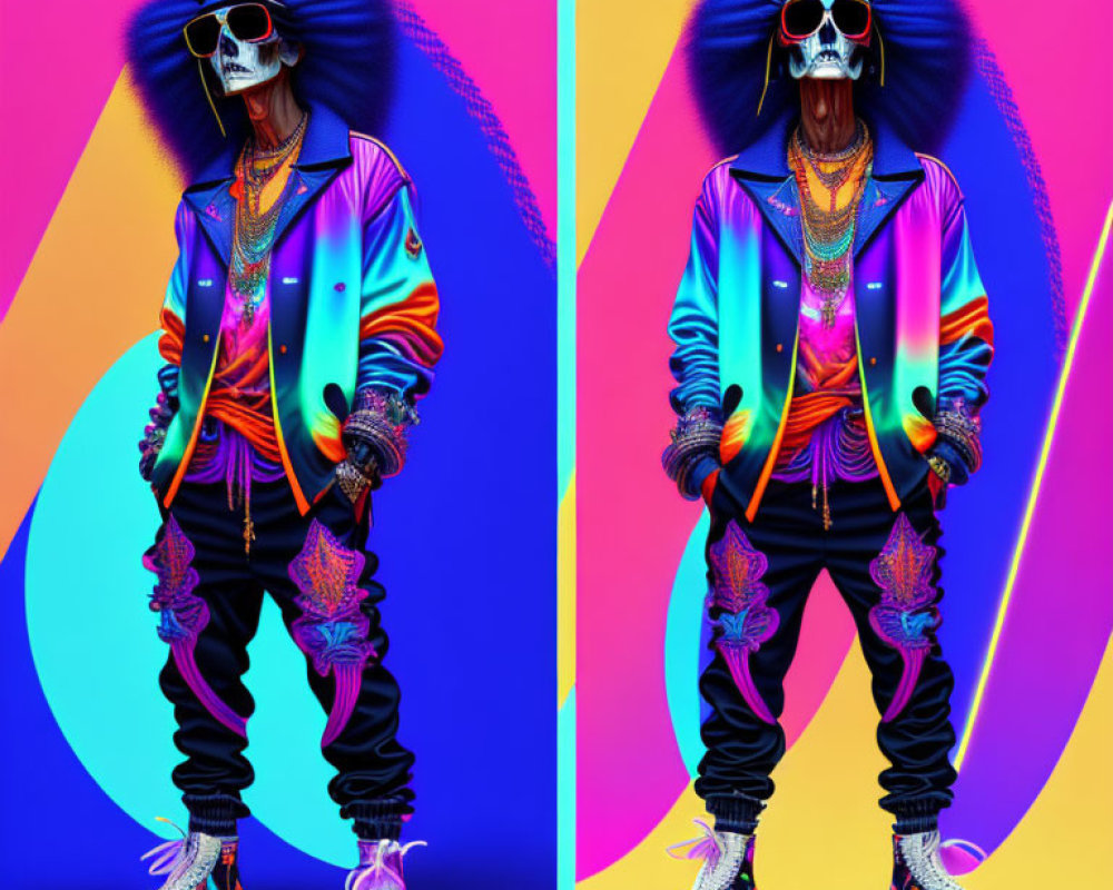 Colorful digital artwork: Mirrored skeleton figures in stylish outfits