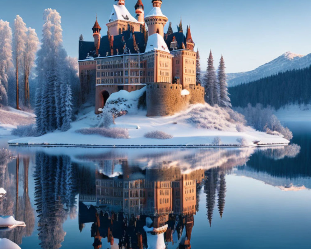 Snowy island castle with spires and turrets reflected in calm lake at dusk