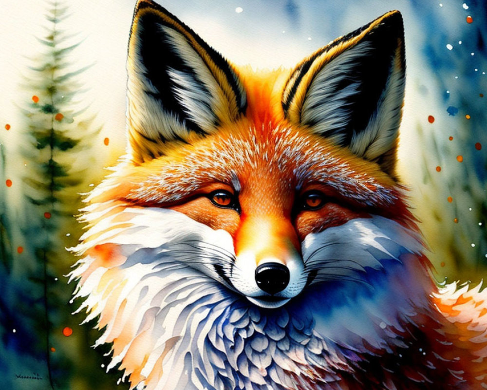 Colorful Painting: Red Fox in Winter Forest with Falling Snowflakes