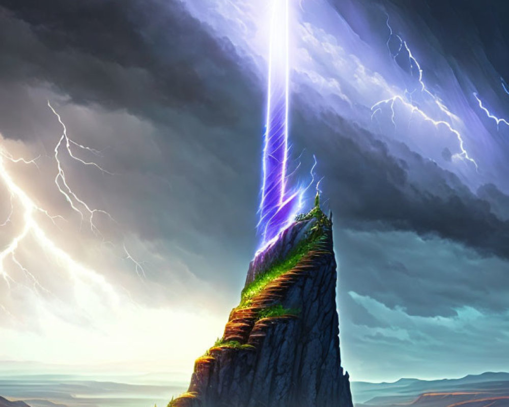 Illustration of towering peak struck by lightning in stormy sky