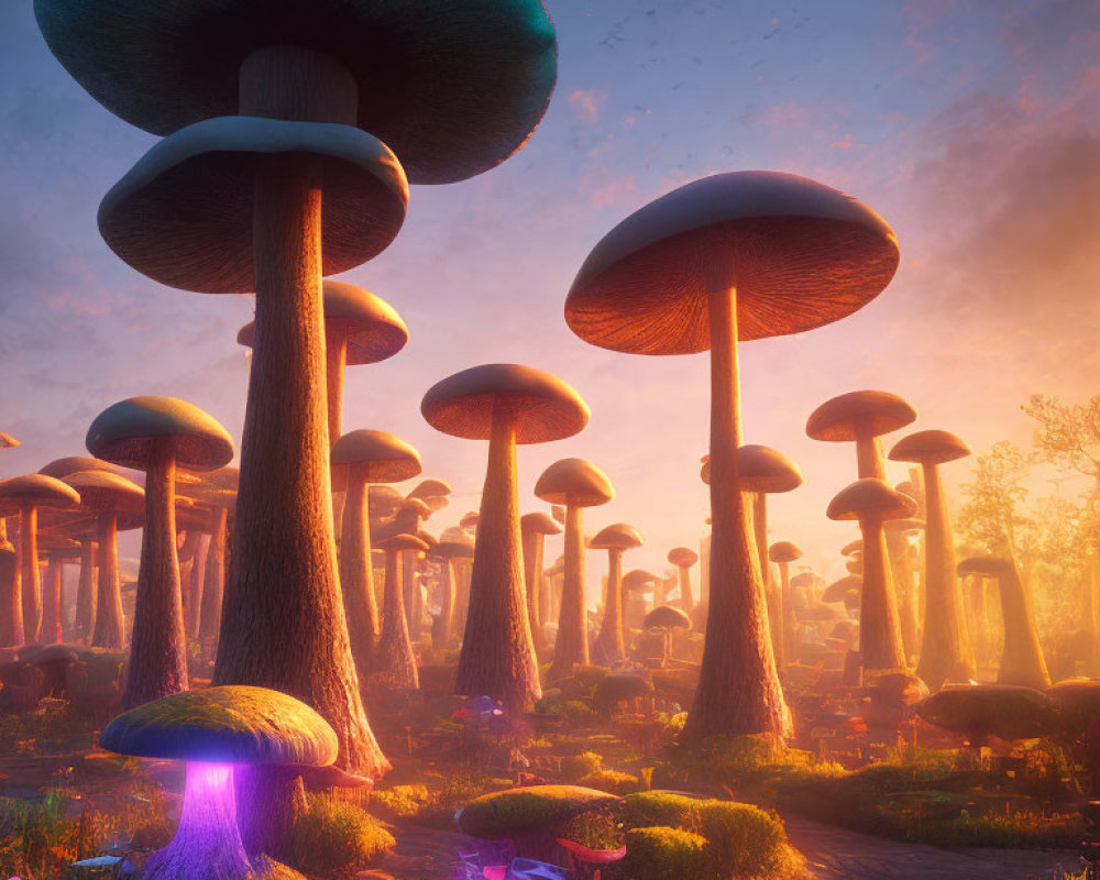 Enormous mushrooms in mystical forest at sunrise