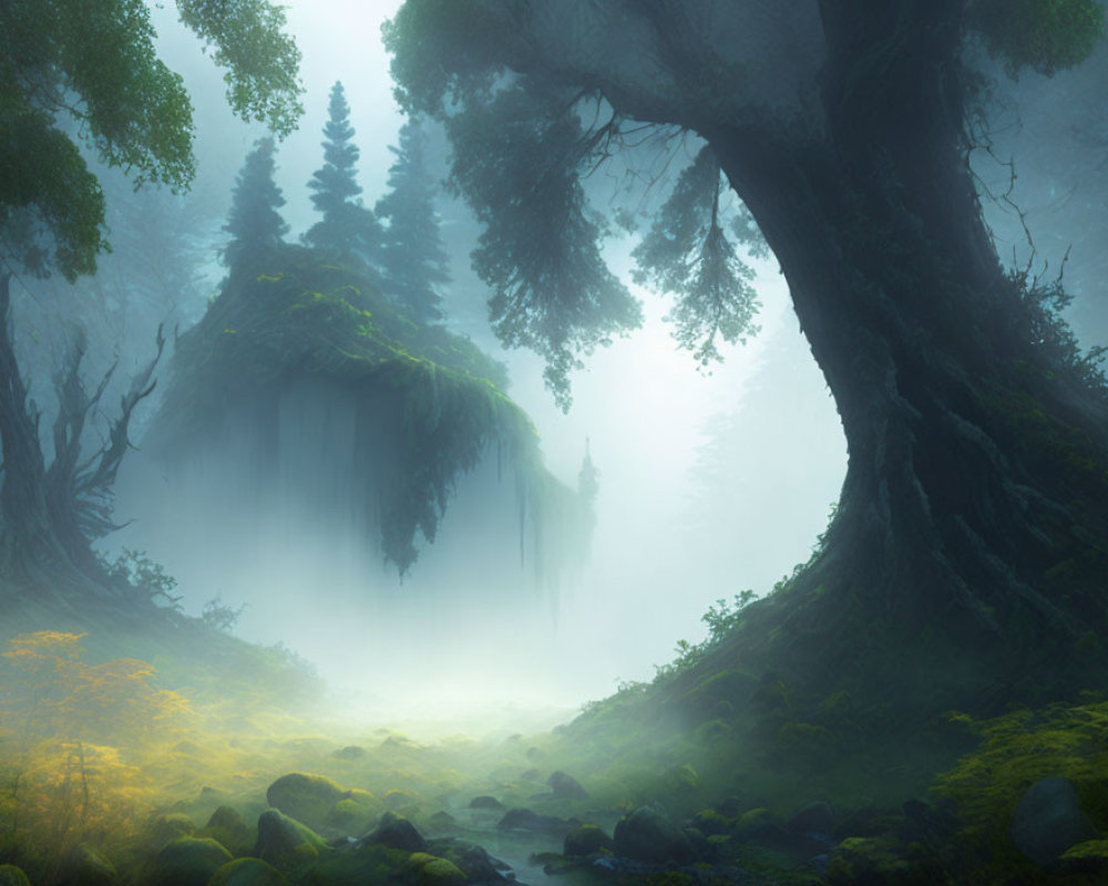 Misty forest with ancient tree, moss, stream, and lush greenery