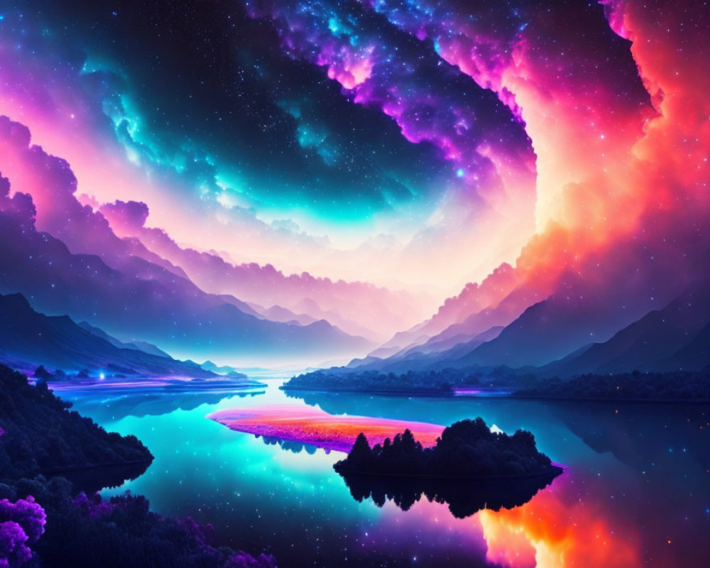 Colorful surreal landscape with radiant sky, reflective lake, and silhouetted mountains.